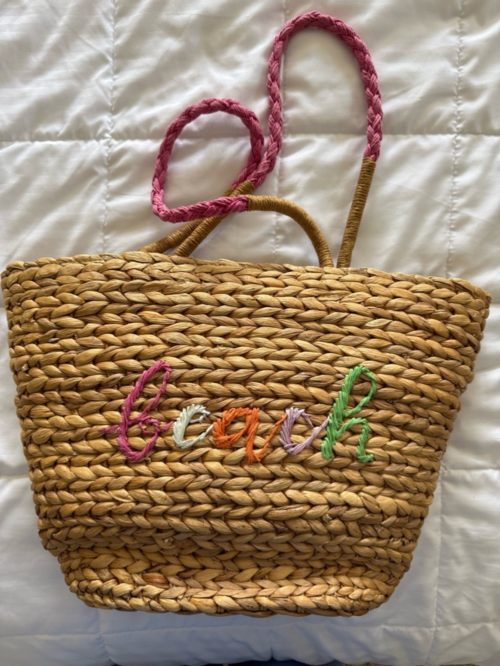 SOLD! Beach Embroidered Straw Tote Bag with Pink Handles